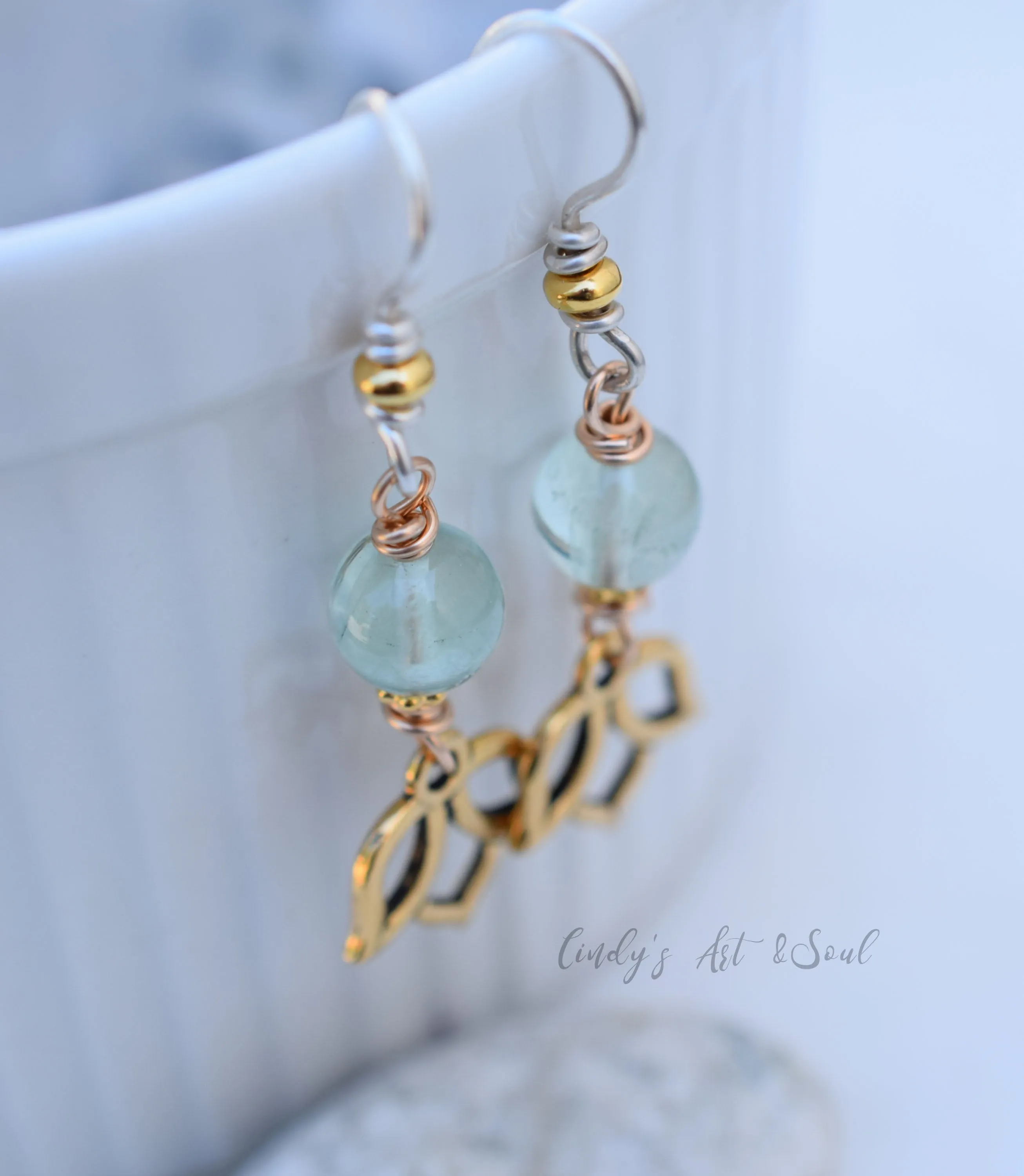 Blue Fluorite Stone Earrings. Handcrafted Boho Style Lotus Earrings. Golden Lotus Charm. Shimmering Gold Jewelry.