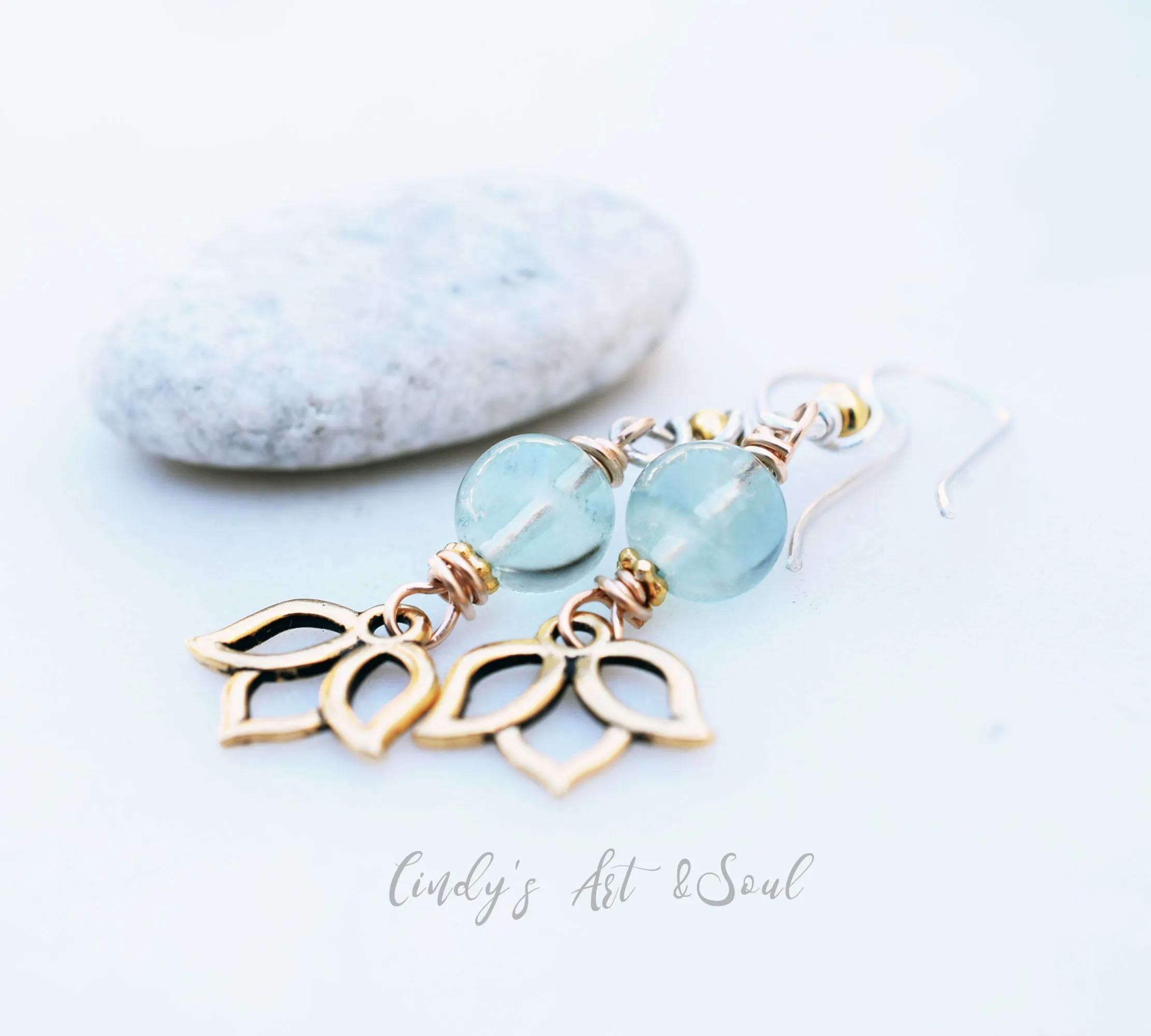 Blue Fluorite Stone Earrings. Handcrafted Boho Style Lotus Earrings. Golden Lotus Charm. Shimmering Gold Jewelry.