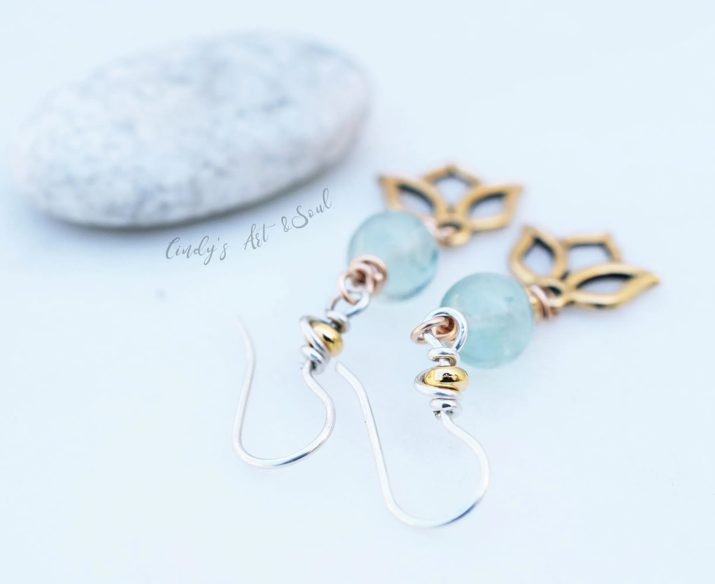 Blue Fluorite Stone Earrings. Handcrafted Boho Style Lotus Earrings. Golden Lotus Charm. Shimmering Gold Jewelry.