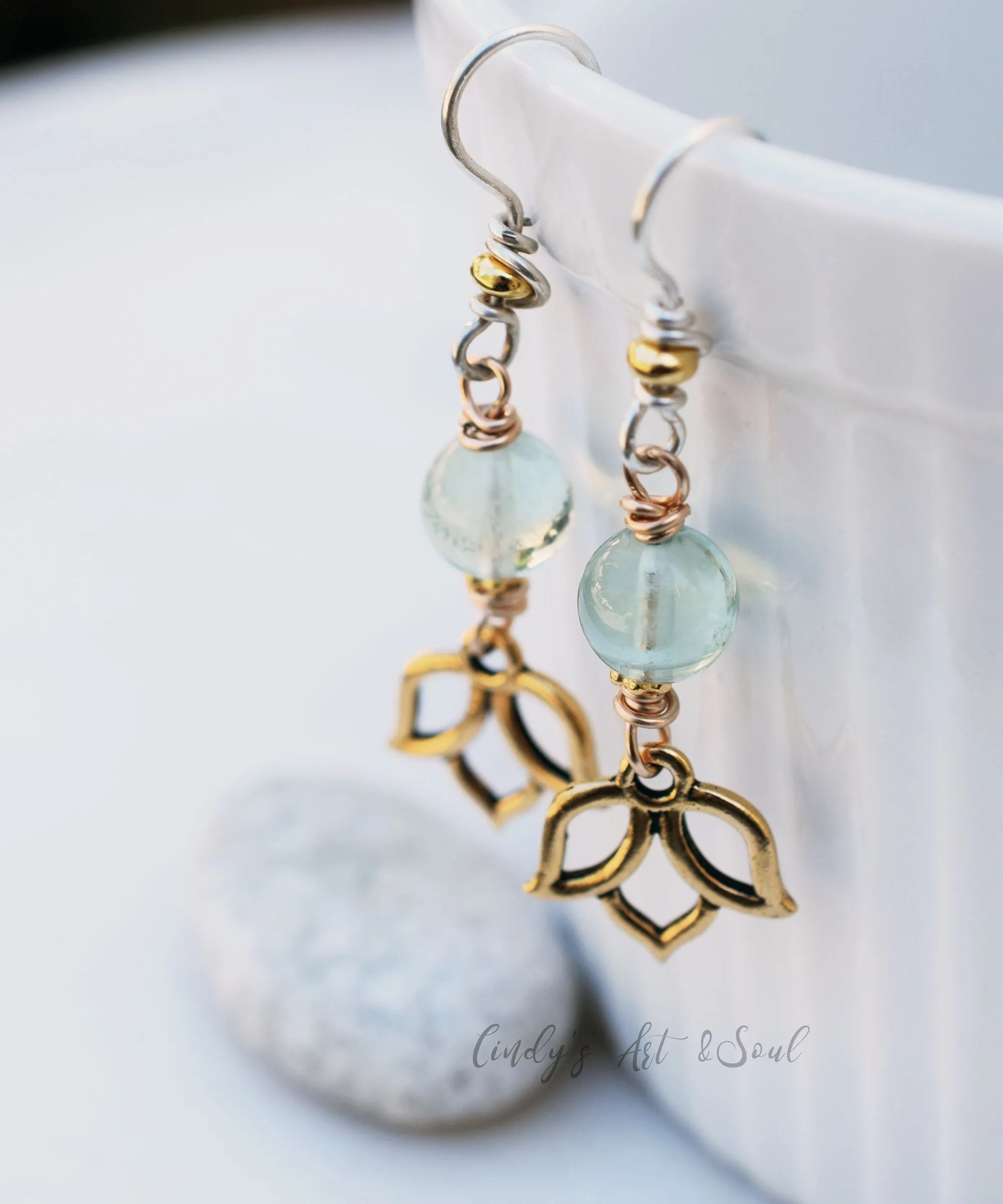 Blue Fluorite Stone Earrings. Handcrafted Boho Style Lotus Earrings. Golden Lotus Charm. Shimmering Gold Jewelry.