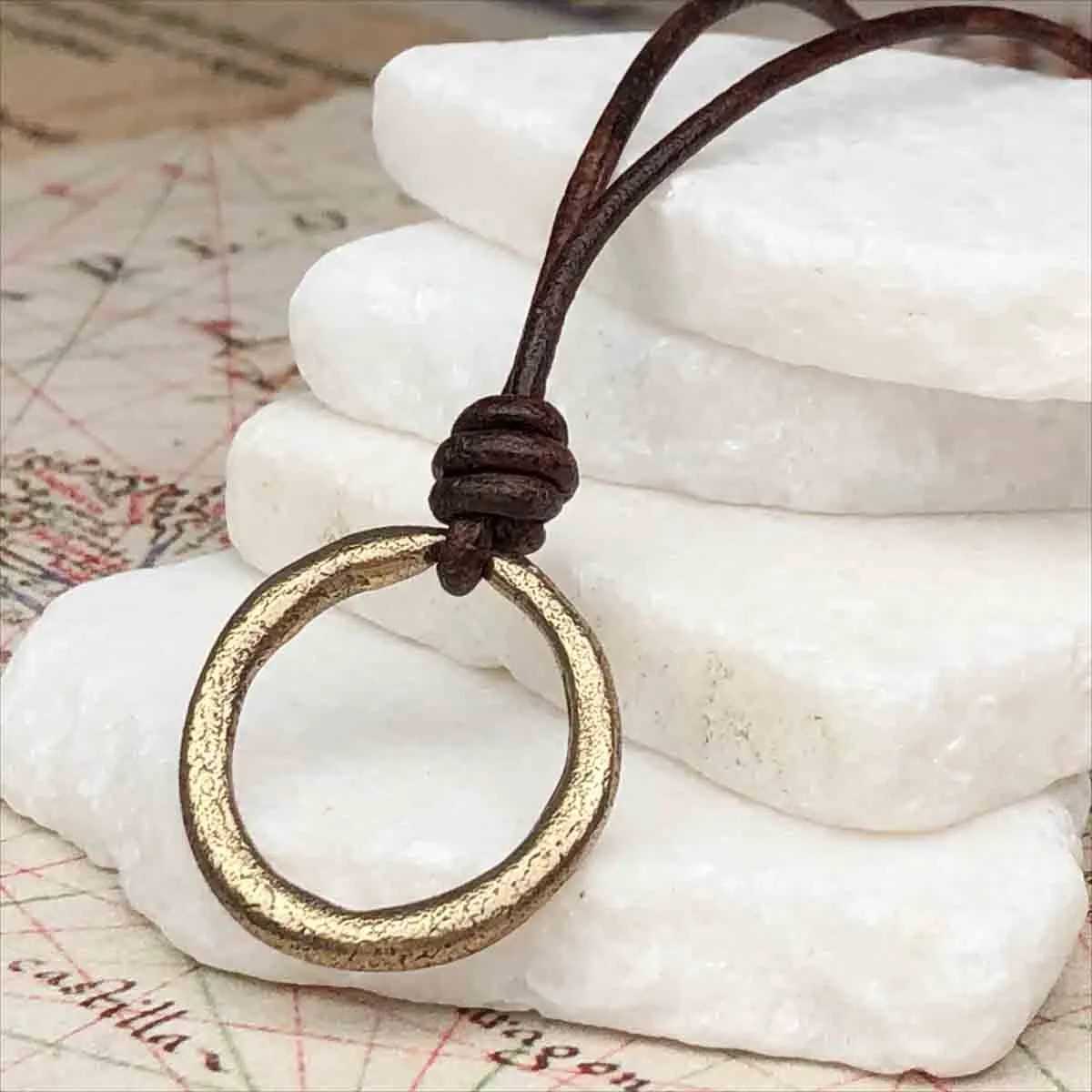 Bright Golden Bronze Celtic Ring Money Leather Necklace | Artifact #3375