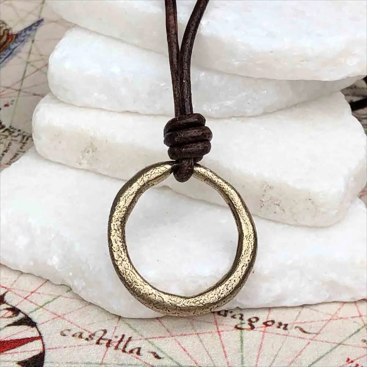 Bright Golden Bronze Celtic Ring Money Leather Necklace | Artifact #3375