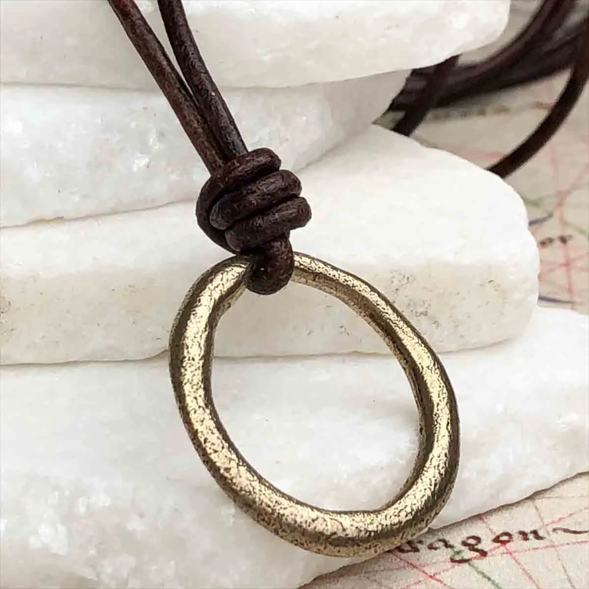 Bright Golden Bronze Celtic Ring Money Leather Necklace | Artifact #3375