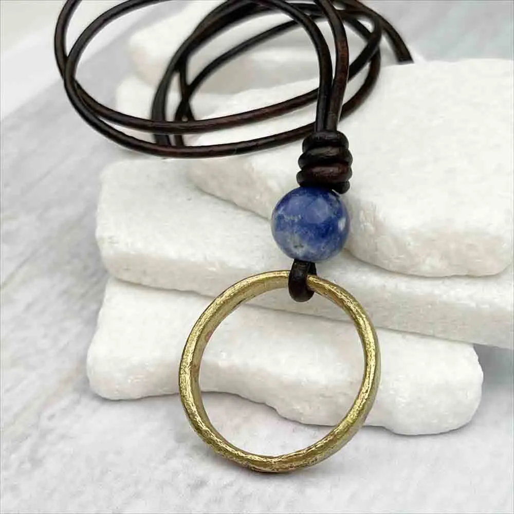 Bright Light Golden Bronze Celtic Ring Money & Sodalite Leather Necklace | Artifact #7144