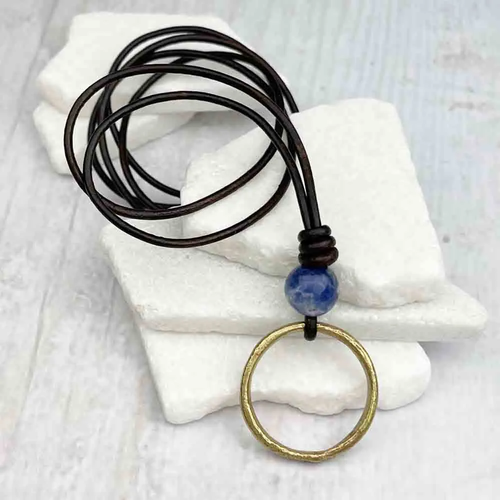 Bright Light Golden Bronze Celtic Ring Money & Sodalite Leather Necklace | Artifact #7144