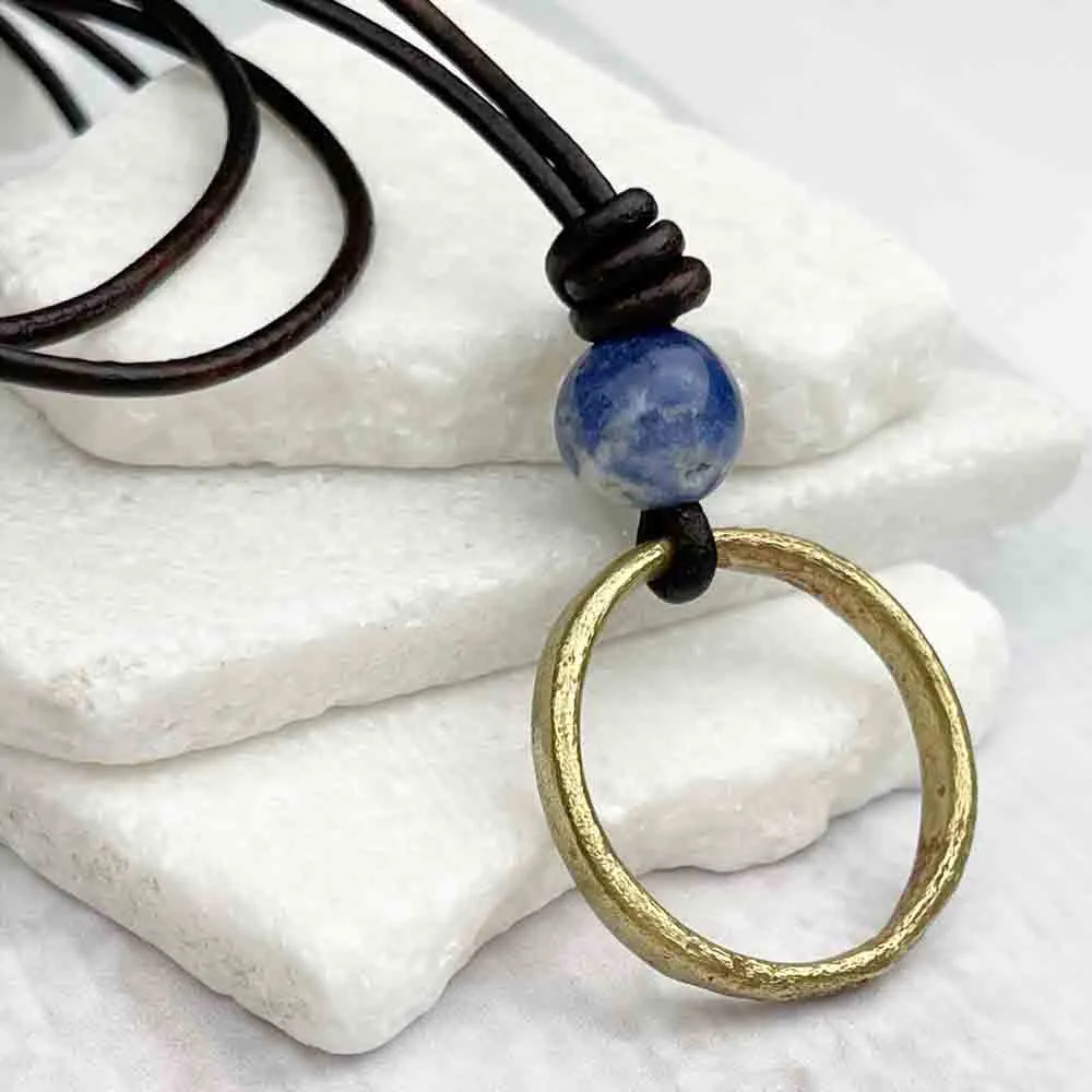 Bright Light Golden Bronze Celtic Ring Money & Sodalite Leather Necklace | Artifact #7144