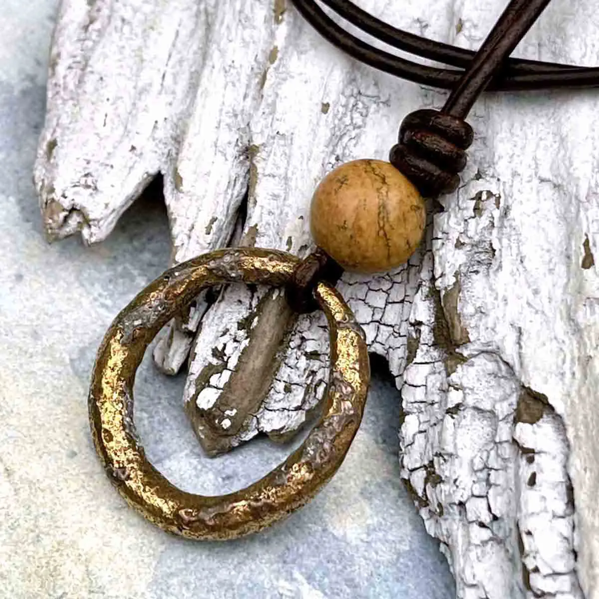 Bright to Darkening Bronze Celtic Ring Money & Genuine Picture Jasper Leather Necklace | Artifact #8374