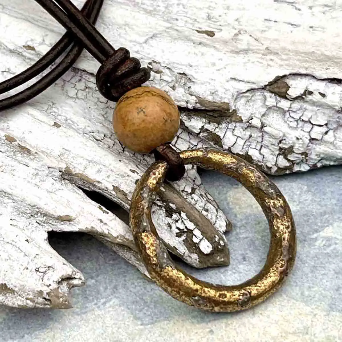 Bright to Darkening Bronze Celtic Ring Money & Genuine Picture Jasper Leather Necklace | Artifact #8374