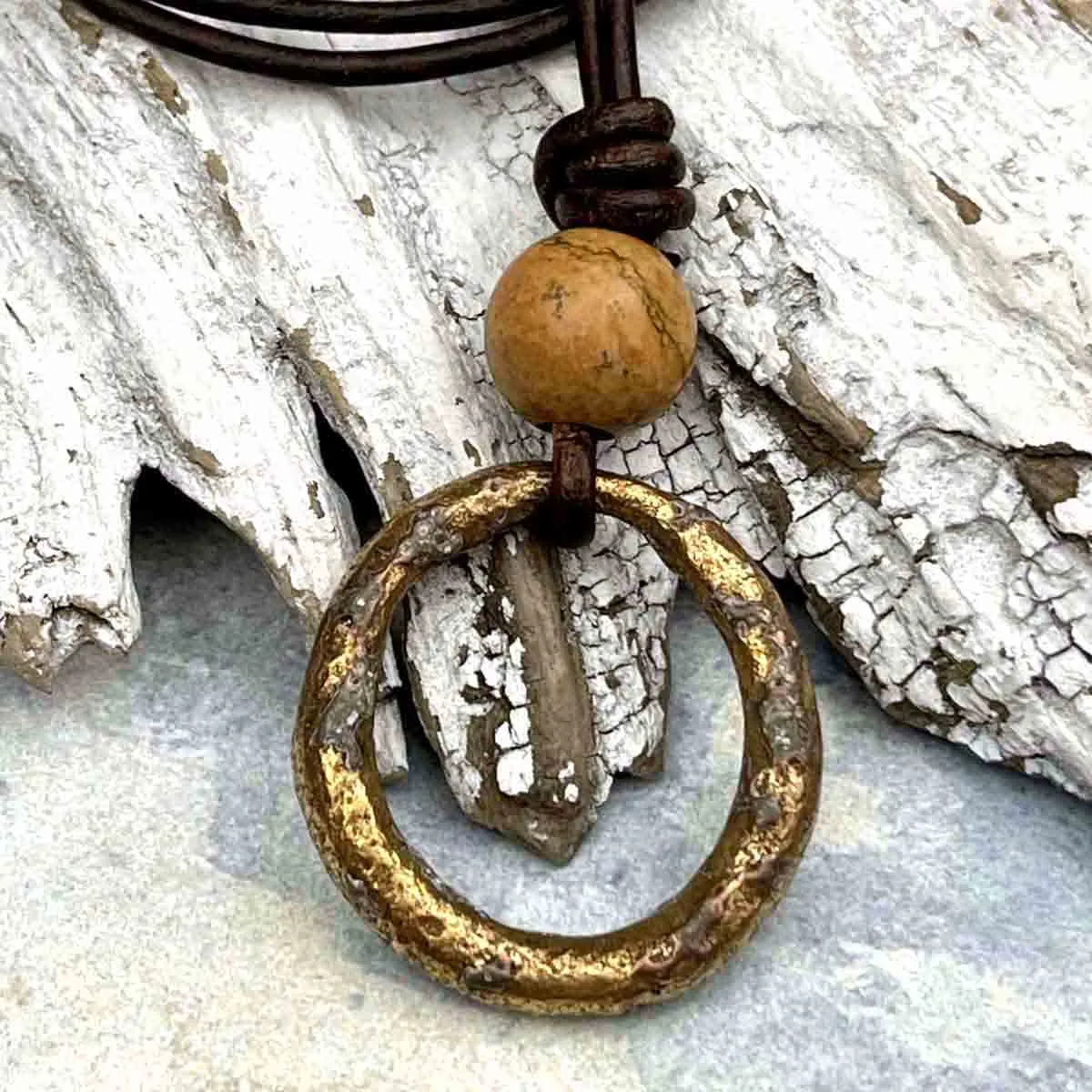 Bright to Darkening Bronze Celtic Ring Money & Genuine Picture Jasper Leather Necklace | Artifact #8374