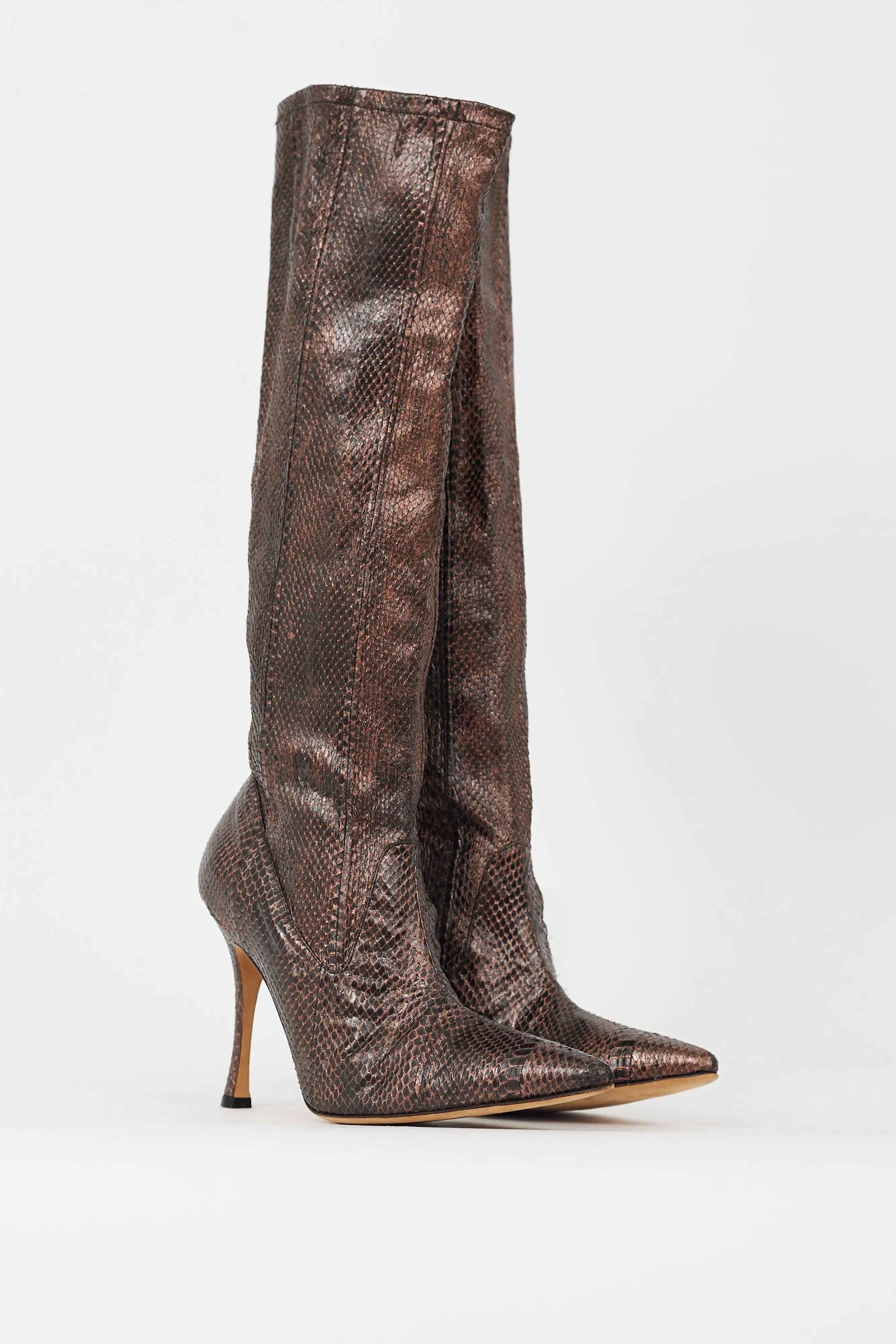 Bronze Embossed Leather Stretch Knee High Boot
