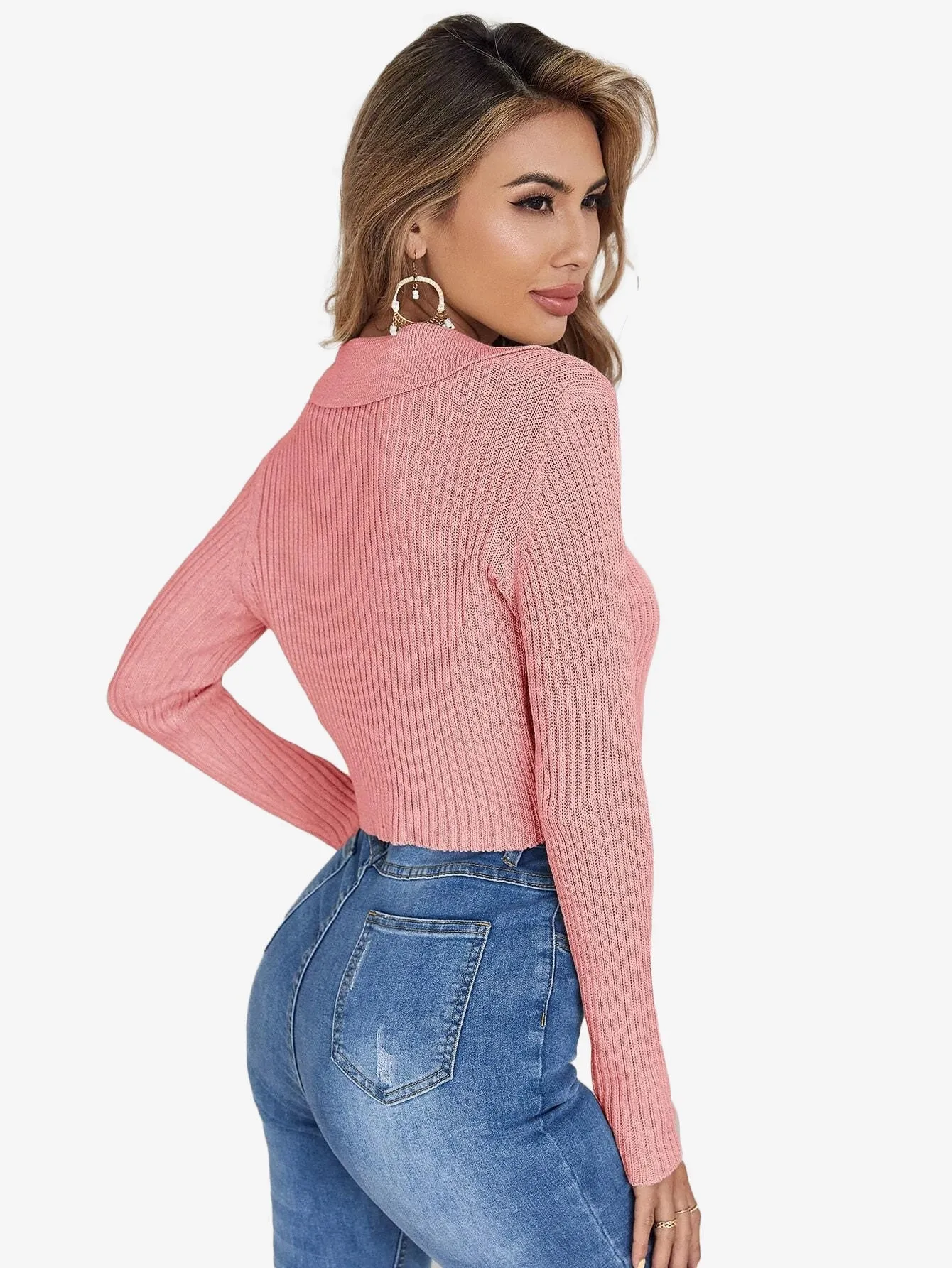 Button Half Placket Ribbed Knit Crop Sweater