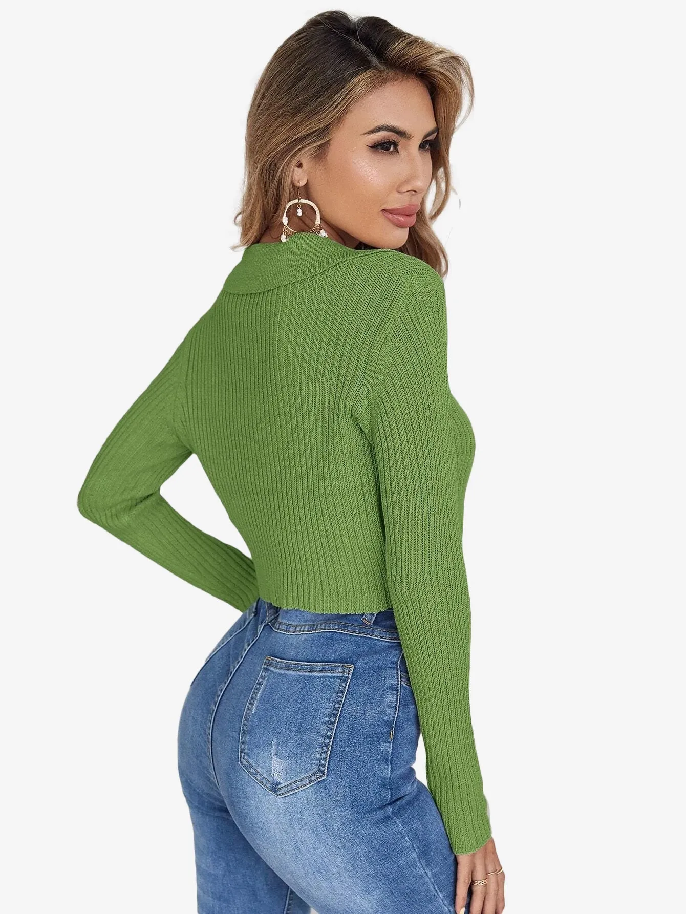 Button Half Placket Ribbed Knit Crop Sweater