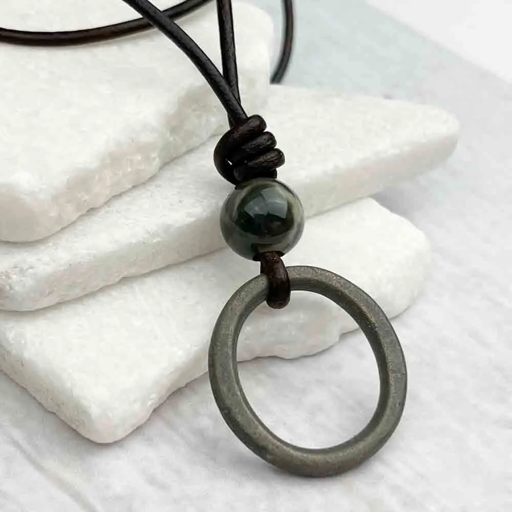 Dusky Green Bronze Celtic Ring Money & Ocean Jasper Leather Necklace | Artifact #7141