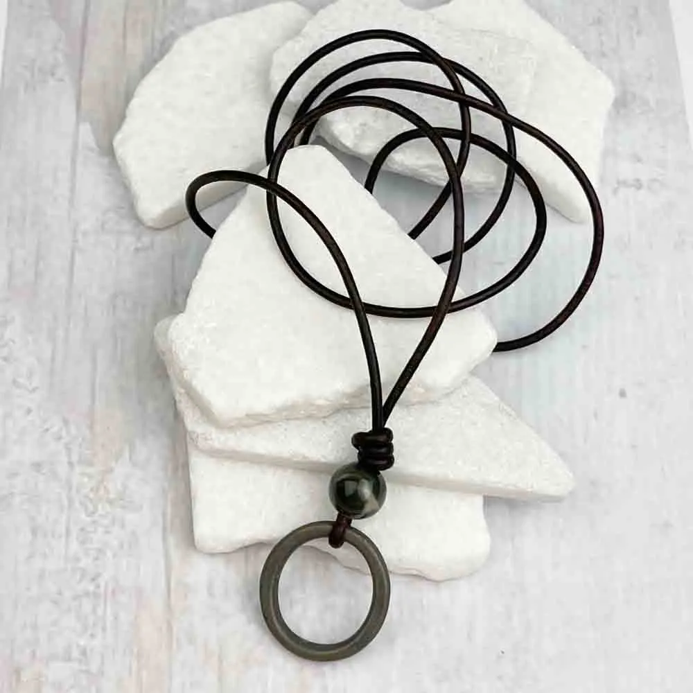 Dusky Green Bronze Celtic Ring Money & Ocean Jasper Leather Necklace | Artifact #7141