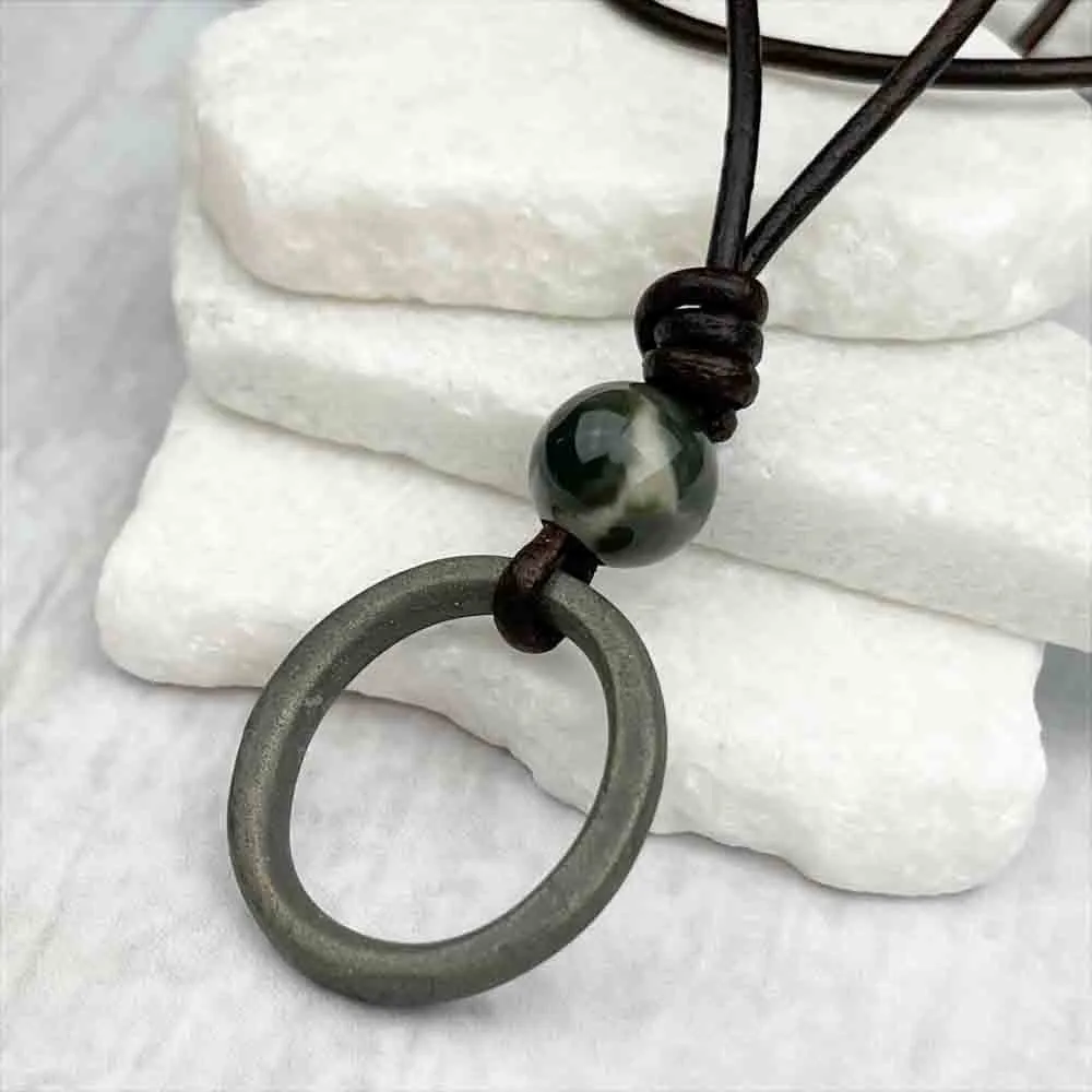 Dusky Green Bronze Celtic Ring Money & Ocean Jasper Leather Necklace | Artifact #7141