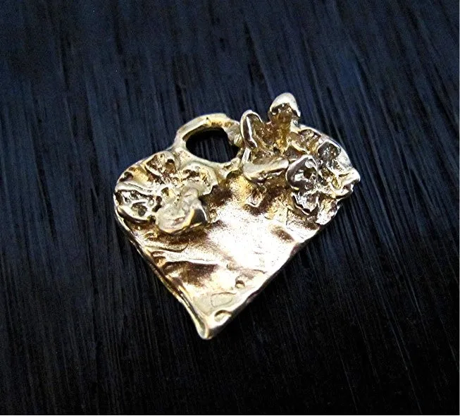 Gold Bronze Artisan Heart with Flowers Charm and Pendant