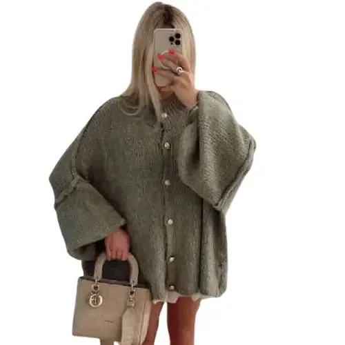 O Neck Knit Long Sleeve Pullover Button Sweater
