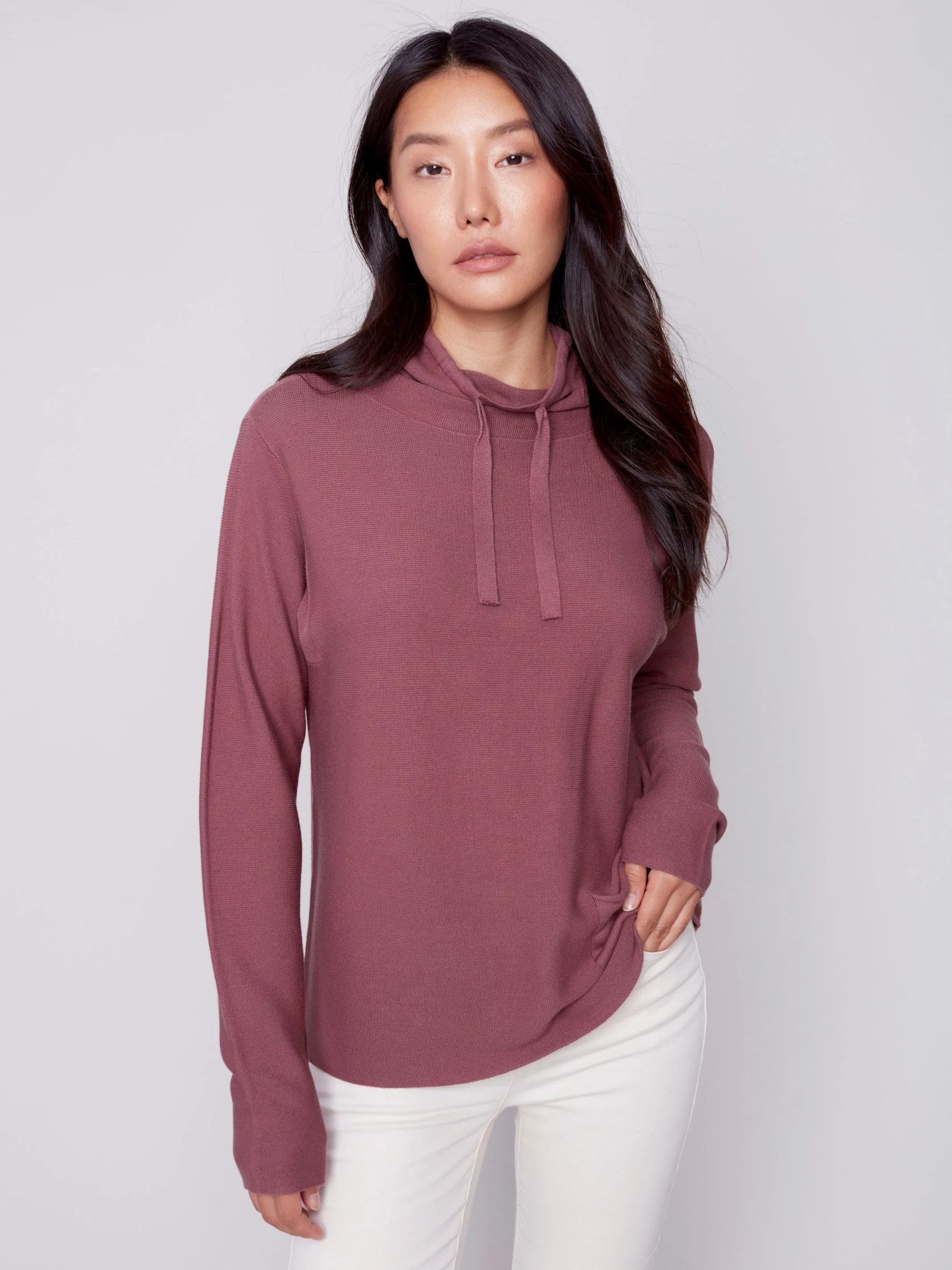 Ottoman Cotton Funnel Neck Sweater - Raspberry