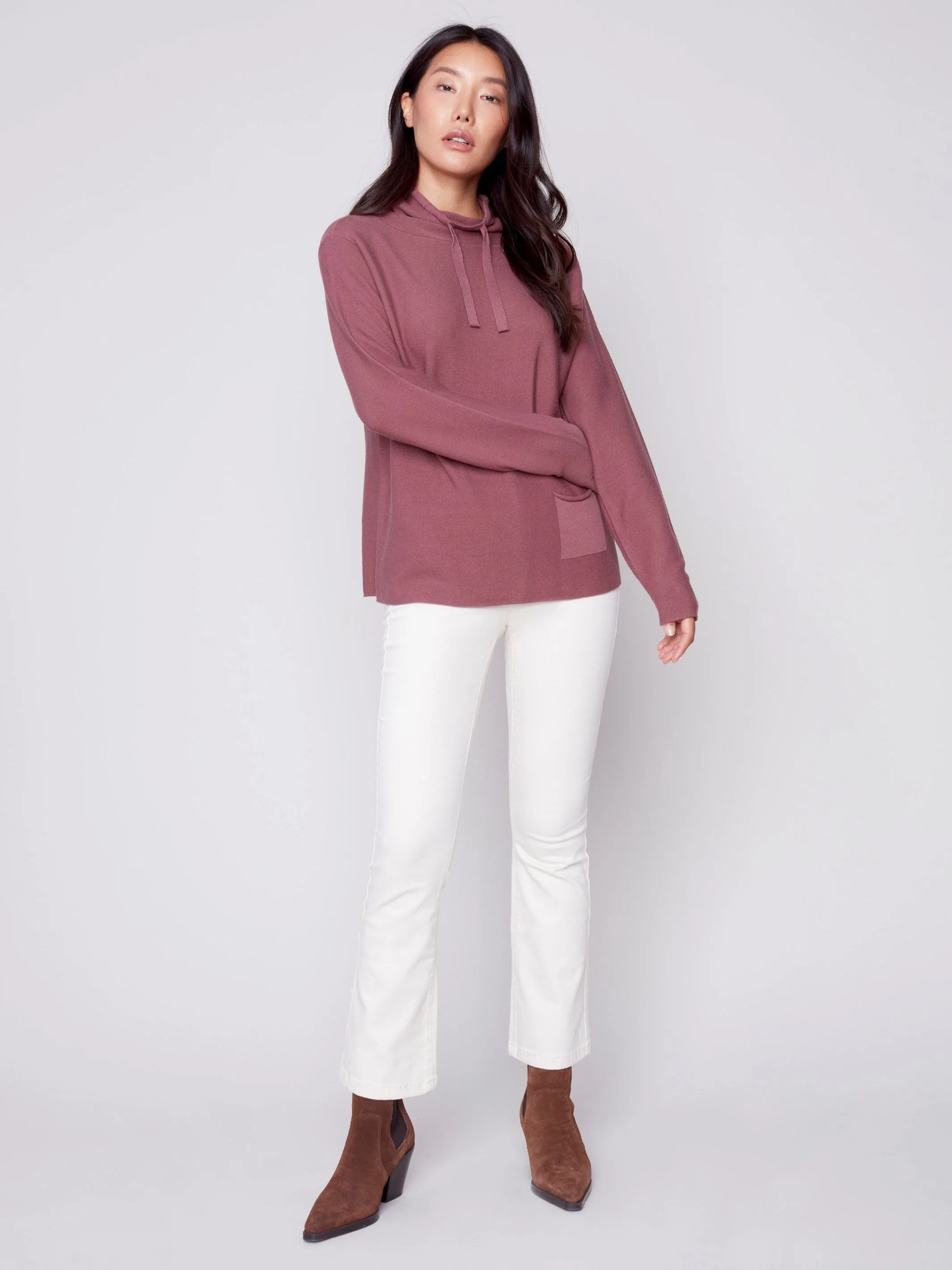 Ottoman Cotton Funnel Neck Sweater - Raspberry