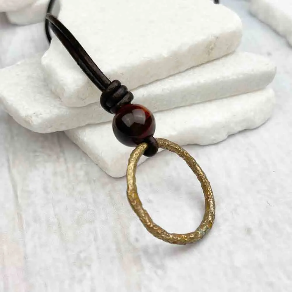 Oval Dark Golden Bronze Celtic Ring Money & Red Tigers Eye Leather Necklace | Artifact #7159