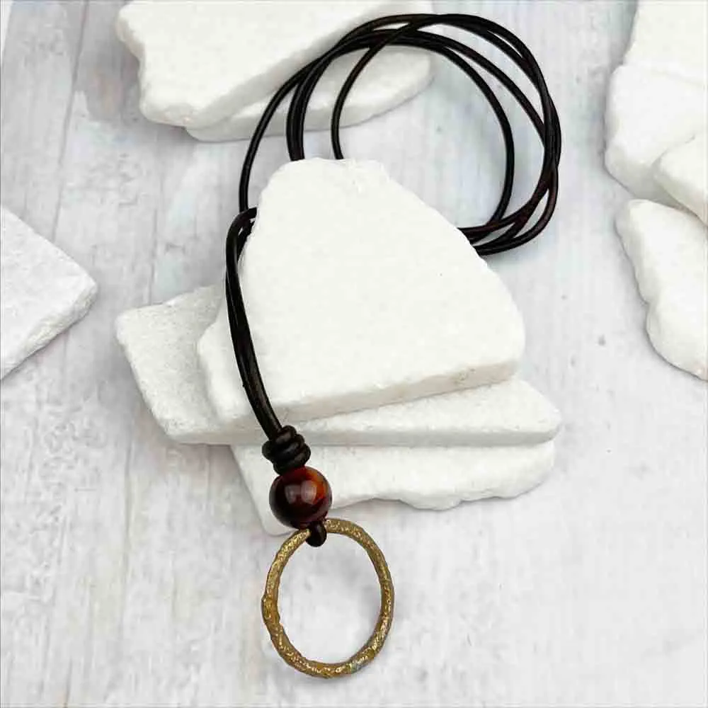 Oval Dark Golden Bronze Celtic Ring Money & Red Tigers Eye Leather Necklace | Artifact #7159