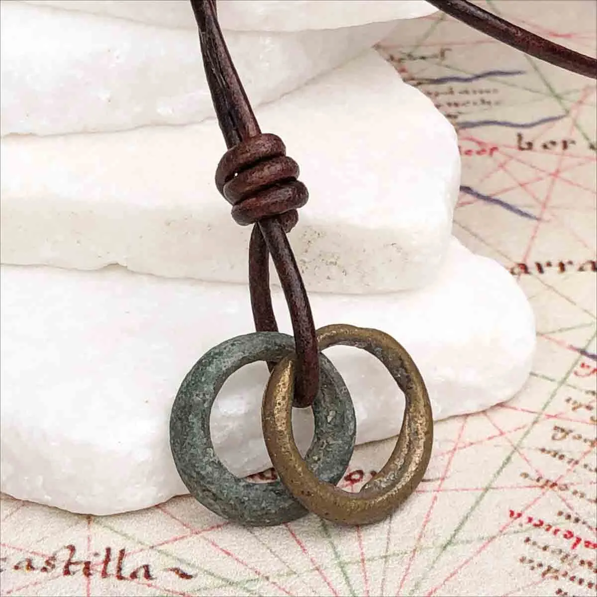 Raised Ridge Green and Golden Bronze Celtic Ring Money Duo Leather Necklace | Artifact #3372
