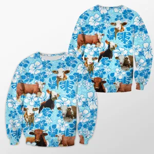 Simmental Blue Floral 3D Crewneck Christmas Sweatshirt, Gift for Cow Lovers