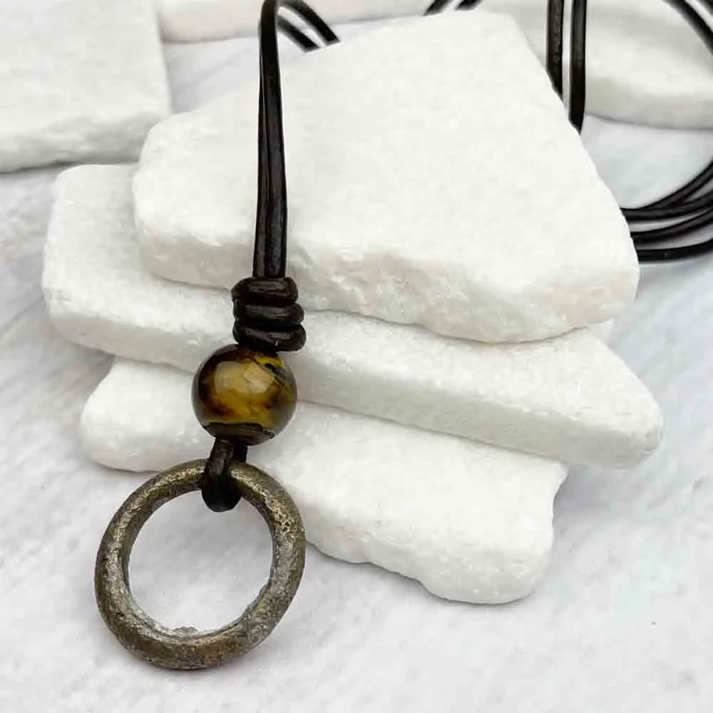 Thick Rich Brown Bronze Celtic Ring Money & Yellow Tigers Eye Leather Necklace | Artifact #7156