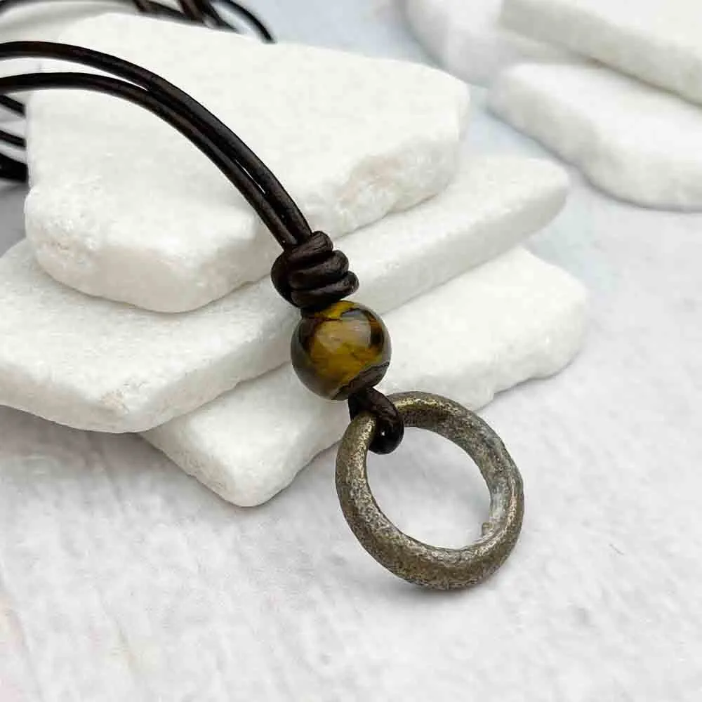 Thick Rich Brown Bronze Celtic Ring Money & Yellow Tigers Eye Leather Necklace | Artifact #7156