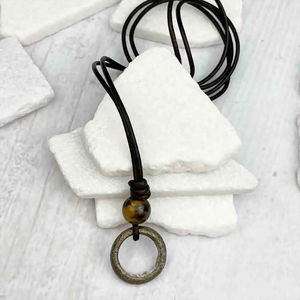 Thick Rich Brown Bronze Celtic Ring Money & Yellow Tigers Eye Leather Necklace | Artifact #7156
